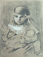 A Young Girl with Dolls and a Ribbon in Her Hair
